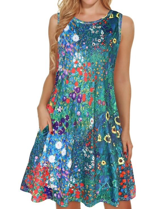 Dresses & Skirts - Women's Blue Floral Summer Dress Casual Sleeveless Tank Loose Sundress Pockets